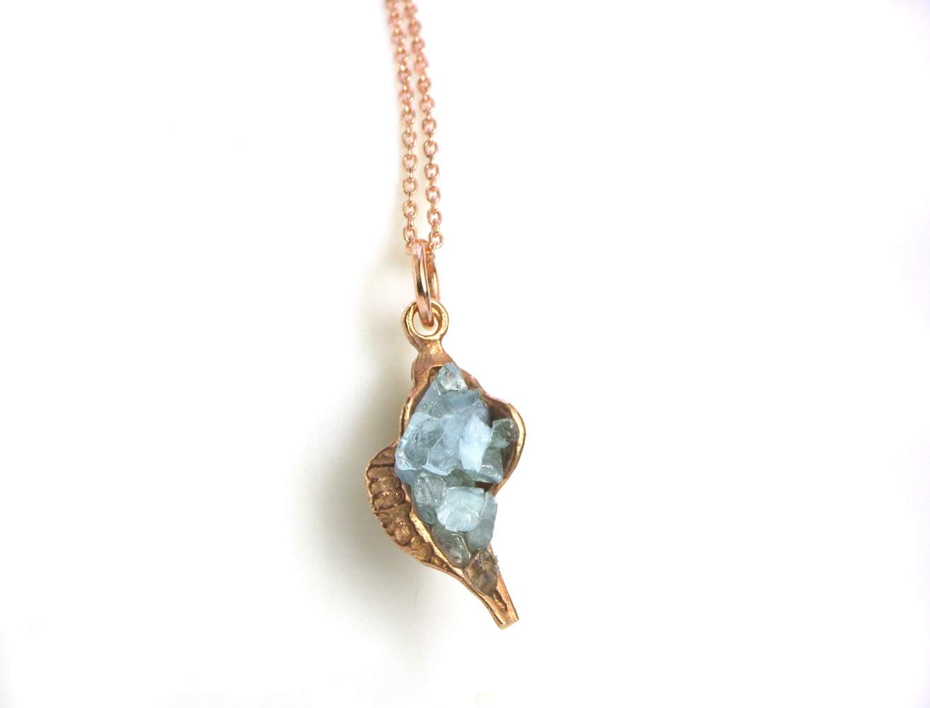 Ocean necklace. Tiny shell with crushed aquamarine. Rose gold sterling.